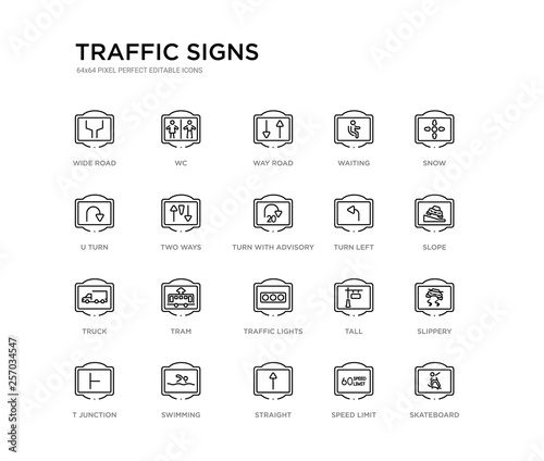 set of 20 line icons such as traffic lights  tram  truck  turn left  turn with advisory  speed  two ways  u turn  waiting  way road  wc. traffic signs outline thin icons collection. editable 64x64