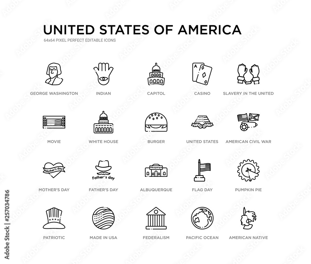 set of 20 line icons such as albuquerque, father's day, mother's day, united states, burger, white house, movie, casino, capitol, indian. united states of america outline thin icons collection.