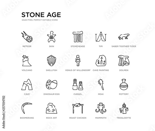 set of 20 line icons such as cudgel, dinosaur egg, cave, cave painting, venus of willendorf, shellfish, volcano, tipi, stonehenge, skin. stone age outline thin icons collection. editable 64x64