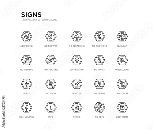 set of 20 line icons such as no step, no food, hoist, no water, coffee shop, shouting, ironing, swimming, bleaching, shower. signs outline thin icons collection. editable 64x64 stroke