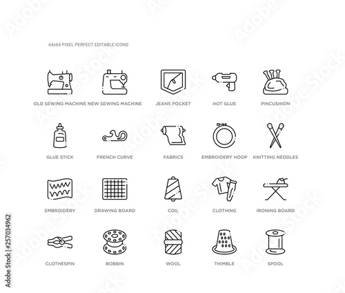 set of 20 line icons such as coil, drawing board, embroidery, embroidery hoop, fabrics, french curve, glue stick, hot glue, jeans pocket, new sewing machine. sew outline thin icons collection.