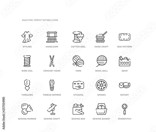 set of 20 line icons such as stiching, thread nippers, threader, wool ball, yarn, crochet hook, wire coil, hand craft, cotton reel, handloom. sew outline thin icons collection. editable 64x64 stroke