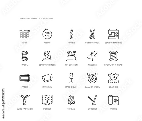set of 20 line icons such as mannequin, material, patch, needles, pin cushion, sewing thimble, wool, cutting tool, ripper, arras. sew outline thin icons collection. editable 64x64 stroke