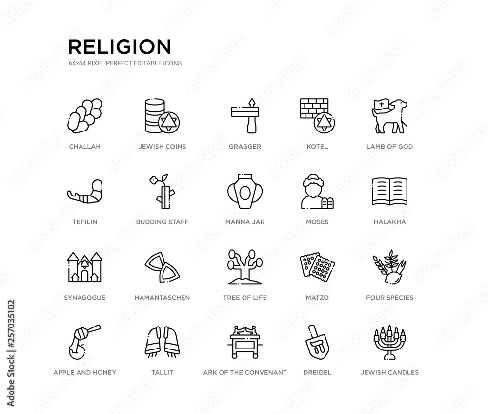set of 20 line icons such as tree of life, hamantaschen, synagogue, moses, manna jar, budding staff, tefilin, kotel, gragger, jewish coins. religion outline thin icons collection. editable 64x64