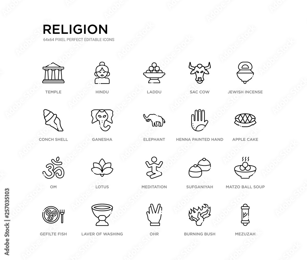 set of 20 line icons such as meditation, lotus, om, henna painted hand, elephant, ganesha, conch shell, sac cow, laddu, hindu. religion outline thin icons collection. editable 64x64 stroke