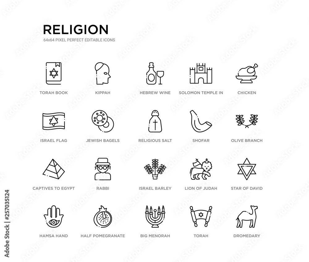 set of 20 line icons such as israel barley, rabbi, captives to egypt, shofar, religious salt, jewish bagels, israel flag, solomon temple in jerusalem, hebrew wine, kippah. religion outline thin set of 20 line icons such as israel barley, rabbi, captives to egypt, shofar, religious salt, jewish bagels, israel flag, solomon temple in jerusalem, hebrew wine, kippah. religion outline thin