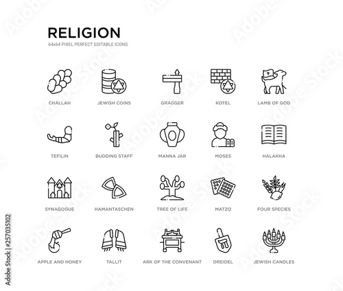 set of 20 line icons such as tree of life, hamantaschen, synagogue, moses, manna jar, budding staff, tefilin, kotel, gragger, jewish coins. religion outline thin icons collection. editable 64x64
