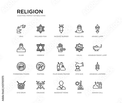 set of 20 line icons such as fajr dawn prayer, fasting, forbidden foods, halal, haram, hebrew, hijab, hijab veil, incense burner, inclined fish. religion outline thin icons collection. editable