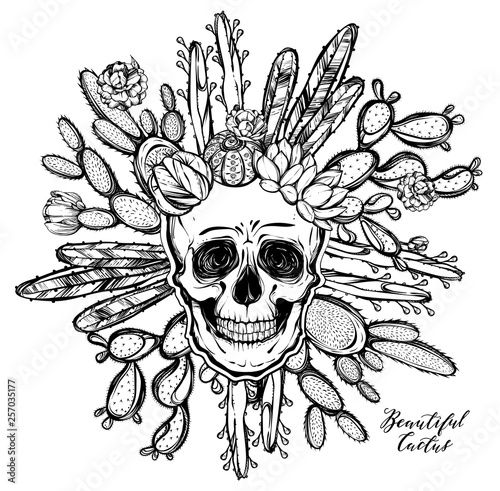 Vector illustration. Beautiful cactus with a skull. Handmade. Tattoos, prints on T-shirts, postcard for you, background white