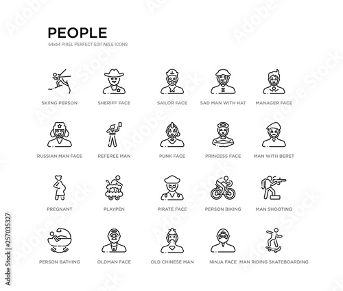 set of 20 line icons such as pirate face, playpen, pregnant, princess face, punk face, referee man, russian man sad man with hat, sailor sheriff people outline thin icons collection. editable 64x64
