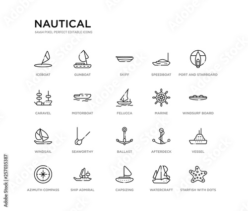 set of 20 line icons such as ballast, seaworthy, windsail, marine, felucca, motorboat, caravel, speedboat, skiff, gunboat. nautical outline thin icons collection. editable 64x64 stroke