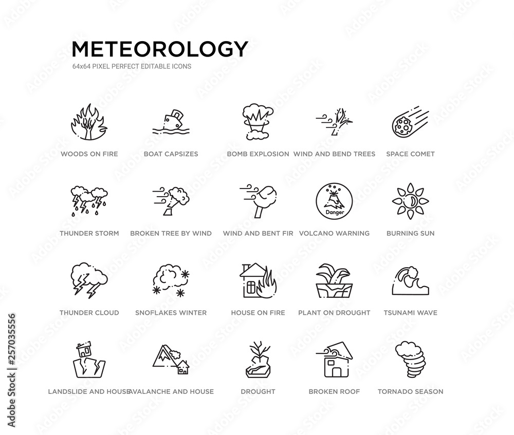 set of 20 line icons such as house on fire, snoflakes winter cloud, thunder cloud, volcano warning, wind and bent fir, broken tree by wind, thunder storm, wind and bend trees, bomb explosion, boat