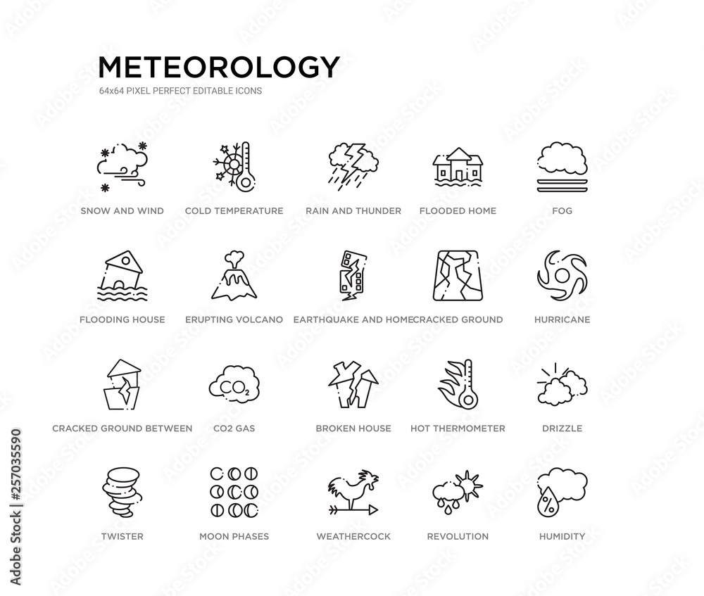 set of 20 line icons such as broken house, co2 gas, cracked ground between houses, cracked ground, earthquake and home, erupting volcano, flooding house, flooded home, rain and thunder, cold