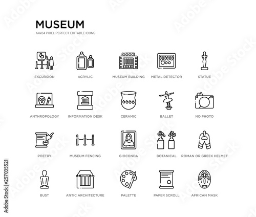 set of 20 line icons such as gioconda, museum fencing, poetry, ballet, ceramic, information desk, anthropology, metal detector, museum building, acrylic. museum outline thin icons collection.