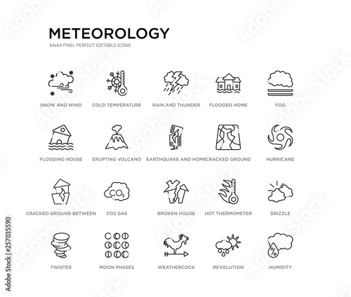 set of 20 line icons such as broken house, co2 gas, cracked ground between houses, cracked ground, earthquake and home, erupting volcano, flooding house, flooded home, rain and thunder, cold