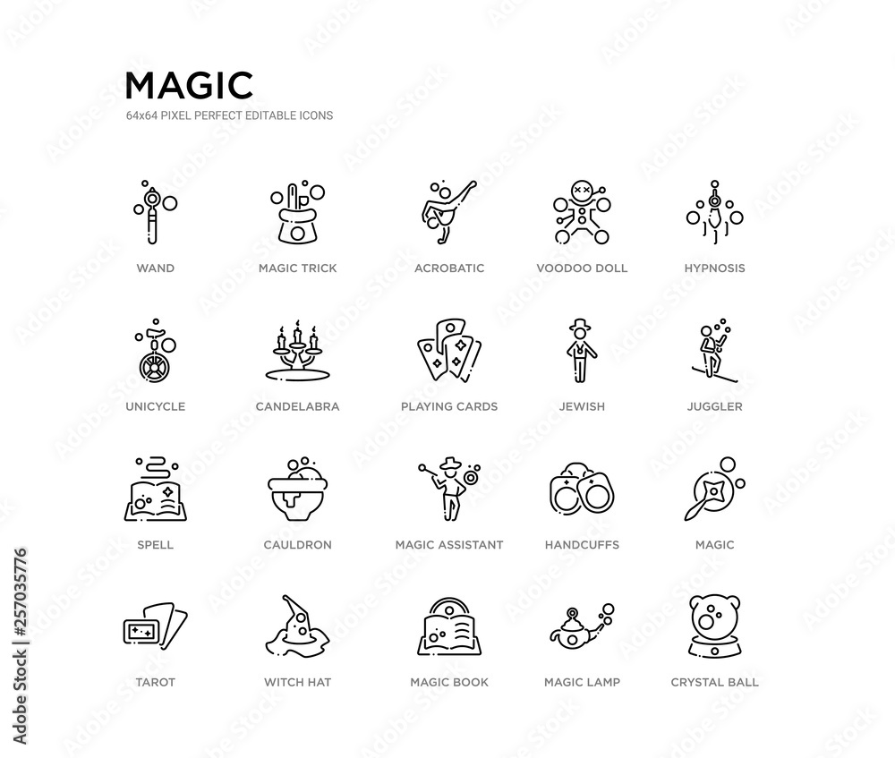 set of 20 line icons such as magic assistant, cauldron, spell, jewish, playing cards, candelabra, unicycle, voodoo doll, acrobatic, magic trick. magic outline thin icons collection. editable 64x64 set of 20 line icons such as magic assistant, cauldron, spell, jewish, playing cards, candelabra, unicycle, voodoo doll, acrobatic, magic trick. magic outline thin icons collection. editable 64x64