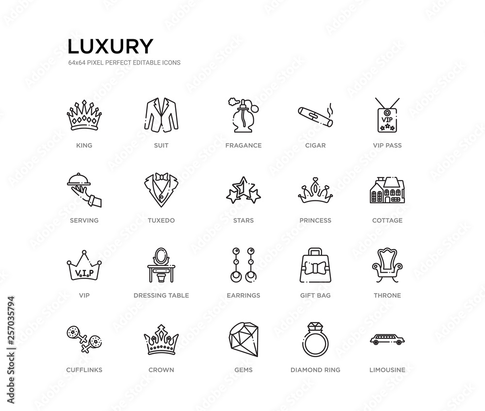 Φωτογραφία set of 20 line icons such as earrings, dressing table, vip, princess, stars, tuxedo, serving, cigar, fragance, suit