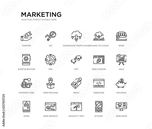 set of 20 line icons such as price, web package, favorite web, web cursor, off, rss, configuration, upload to cloud, download from cloud, on. marketing outline thin icons collection. editable 64x64