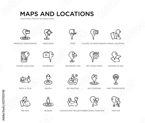 set of 20 line icons such as no waiting  north  path a to b  pet zone point  pharmacy pin  pharmacy  phone location  places to photograph  port  precision. maps and locations outline thin icons