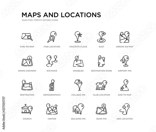 set of 20 line icons such as college pin, demographics, destination, destination done, disabled, distance, down chevron, east, favorite place, find location. maps and locations outline thin icons