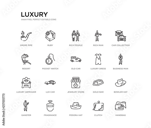 set of 20 line icons such as jewelry store, lux car, luxury armchair, luxury dress, old car, pocket watch, resort, rich man, rich people, ruby. luxury outline thin icons collection. editable 64x64
