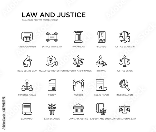 set of 20 line icons such as murder, policy, practise areas, prisioner, property and finance, qualified protection, real estate law, recorder, roman law, scroll with law. and justice outline thin