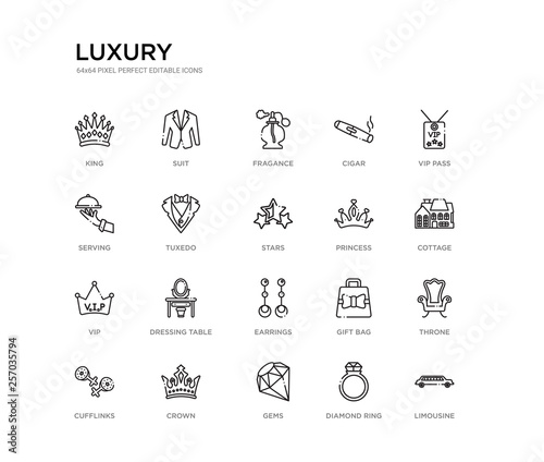 set of 20 line icons such as earrings, dressing table, vip, princess, stars, tuxedo, serving, cigar, fragance, suit. luxury outline thin icons collection. editable 64x64 stroke
