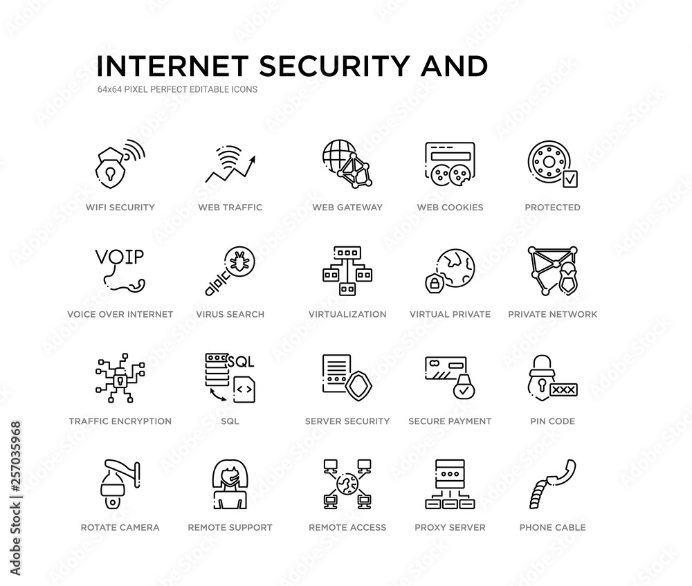 set of 20 line icons such as server security, sql, traffic encryption, virtual private network, virtualization, virus search, voice over internet protocol, web cookies, web gateway, web traffic.