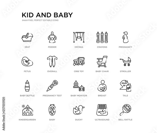 set of 20 line icons such as baby monitor, pregnancy test, baby bottle, baby chair, crib toy, overall, fetus, crayons, swings, feeder. kid and outline thin icons collection. editable 64x64 stroke