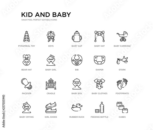 set of 20 line icons such as baby boy, cradle, pacifier, diaper, bib, baby girl, bear hat, baby hat, cup, keys. kid and outline thin icons collection. editable 64x64 stroke