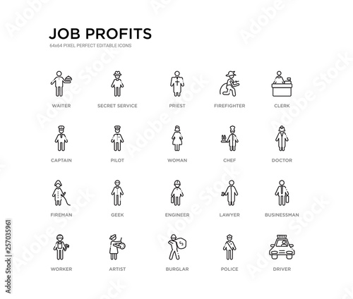 set of 20 line icons such as engineer, geek, fireman, chef, woman, pilot, captain, firefighter, priest, secret service. job profits outline thin icons collection. editable 64x64 stroke