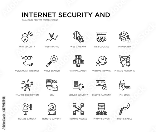 set of 20 line icons such as server security, sql, traffic encryption, virtual private network, virtualization, virus search, voice over internet protocol, web cookies, web gateway, web traffic.