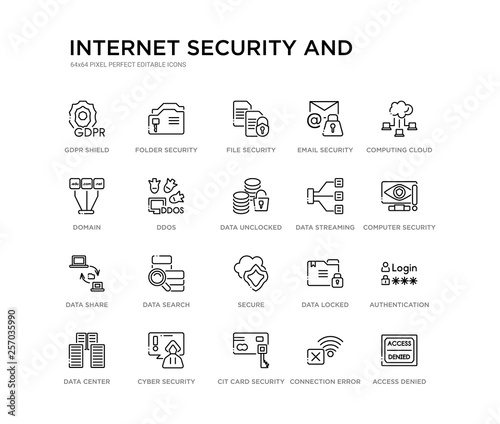 set of 20 line icons such as secure, data search, data share, data streaming, unclocked, ddos, domain, email security, file security, folder security. internet and outline thin icons collection.