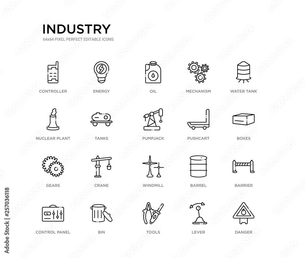 set of 20 line icons such as windmill, crane, gears, pushcart, pumpjack, tanks, nuclear plant, mechanism, oil, energy. industry outline thin icons collection. editable 64x64 stroke