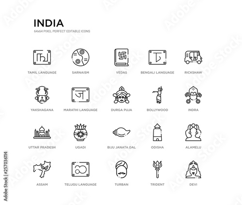 set of 20 line icons such as biju janata dal, ugadi, uttar pradesh, bollywood, durga puja, marathi language, yakshagana, bengali language, vedas, sarnaism. india outline thin icons collection.