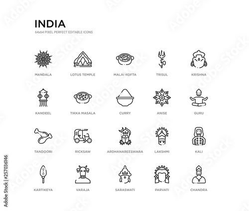set of 20 line icons such as ardhanareeswara, ricksaw, tandoori, anise, curry, tikka masala, kandeel, trisul, malai kofta, lotus temple. india outline thin icons collection. editable 64x64 stroke