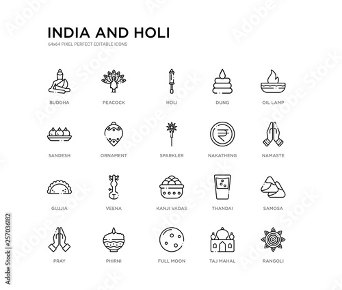 set of 20 line icons such as kanji vadas  veena  gujjia  nakatheng  sparkler  ornament  sandesh  dung  holi  peacock. india and holi outline thin icons collection. editable 64x64 stroke