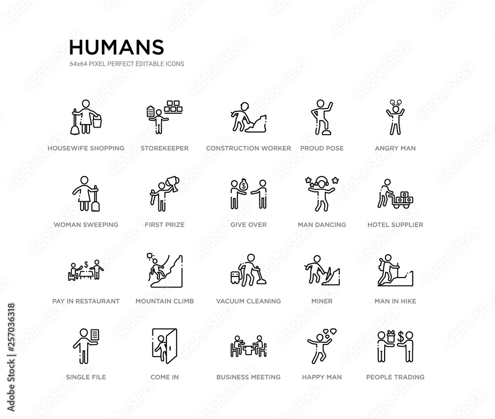 set of 20 line icons such as vacuum cleaning, mountain climb, pay in restaurant, man dancing, give over, first prize, woman sweeping, proud pose, construction worker, storekeeper. humans outline