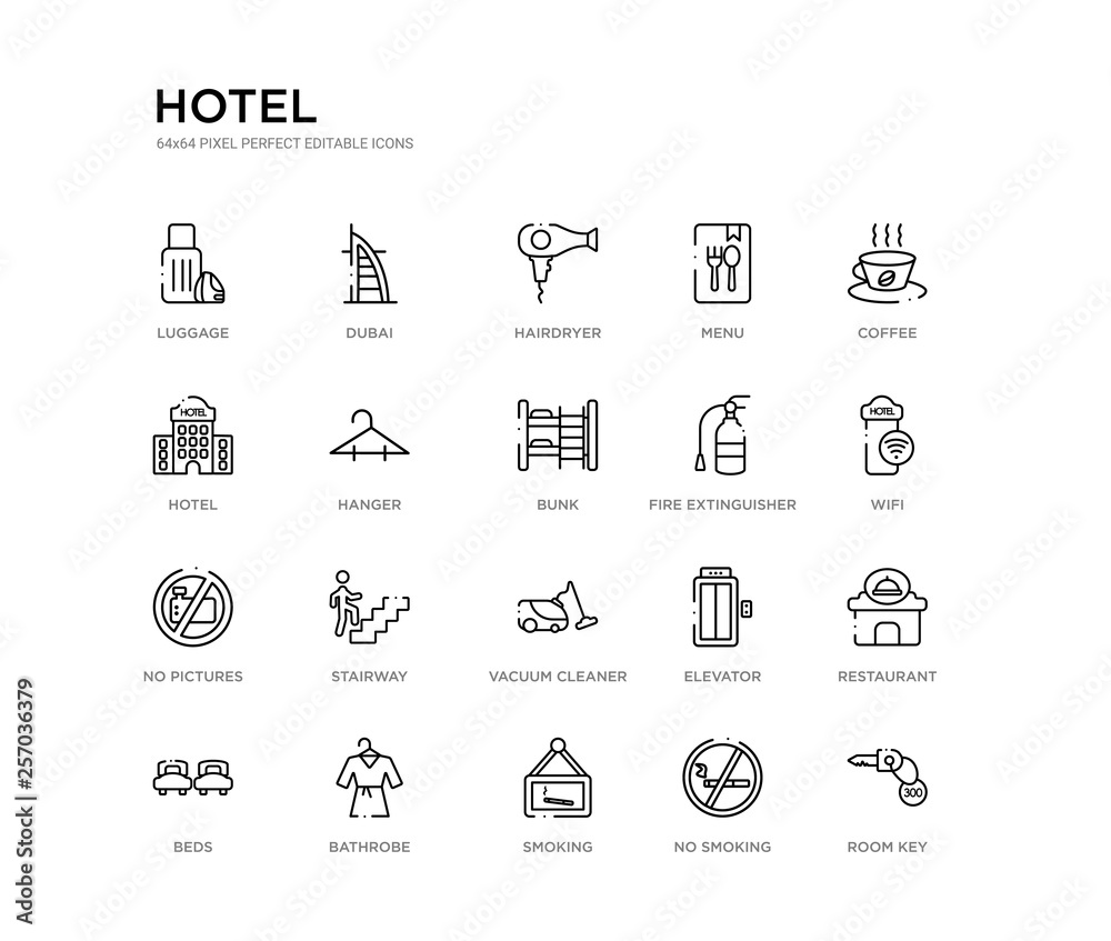 set of 20 line icons such as vacuum cleaner, stairway, no pictures, fire extinguisher, bunk, hanger, hotel, menu, hairdryer, dubai. hotel outline thin icons collection. editable 64x64 stroke
