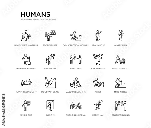 set of 20 line icons such as vacuum cleaning, mountain climb, pay in restaurant, man dancing, give over, first prize, woman sweeping, proud pose, construction worker, storekeeper. humans outline