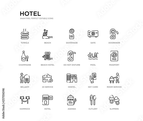 set of 20 line icons such as hostel, 24 service, bellboy, pool, do not disturb, beach hotel, champagne, safe, doorknob, beach. hotel outline thin icons collection. editable 64x64 stroke