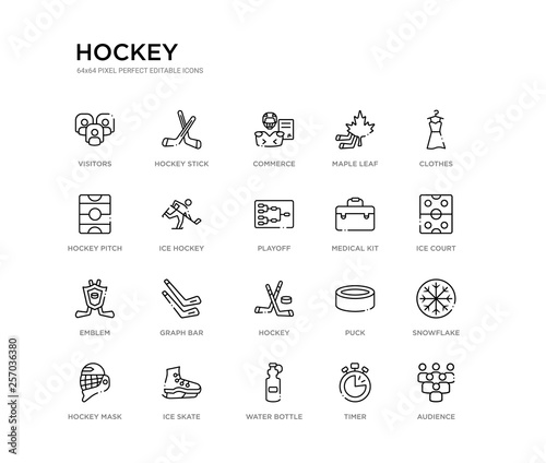 set of 20 line icons such as hockey, graph bar, emblem, medical kit, playoff, ice hockey, hockey pitch, maple leaf, commerce, stick. outline thin icons collection. editable 64x64 stroke
