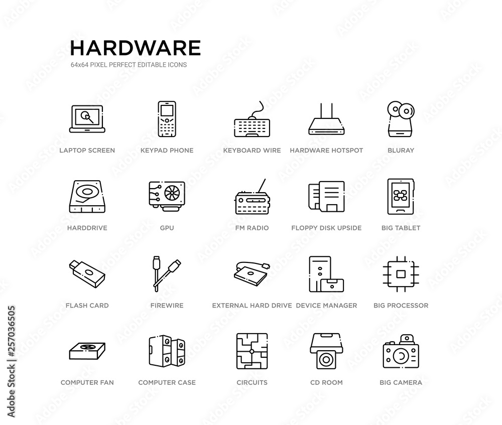 set of 20 line icons such as external hard drive, firewire, flash card, floppy disk upside down, fm radio, gpu, harddrive, hardware hotspot, keyboard wire, keypad phone. hardware outline thin icons set of 20 line icons such as external hard drive, firewire, flash card, floppy disk upside down, fm radio, gpu, harddrive, hardware hotspot, keyboard wire, keypad phone. hardware outline thin icons