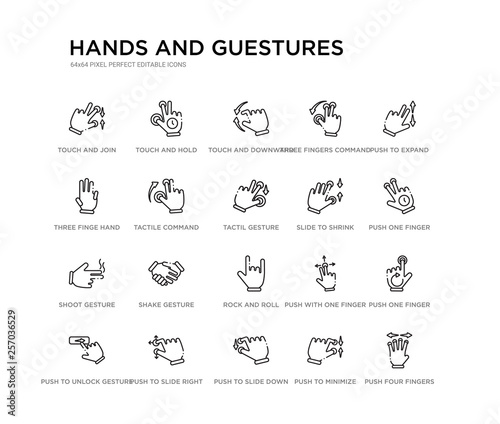 set of 20 line icons such as rock and roll, shake gesture, shoot gesture, slide to shrink, tactil gesture, tactile command down three finge hand three fingers command, touch and downward sliding