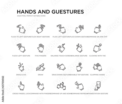set of 20 line icons such as drag down gesture, draw, drag flick, enlarge gesture, enlarge touch screen gesture, five fingers, fleck left flick down flick left right hands and guestures outline thin