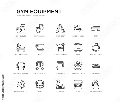 set of 20 line icons such as gym bars, gym station, jumping equipment, belt, fitness bench, mat, water machine, bench press, hand grip, kettlebells. gym equipment outline thin icons collection.