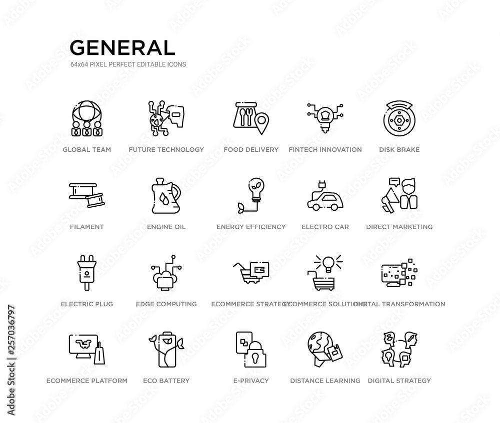 set of 20 line icons such as ecommerce strategy, edge computing, electric plug, electro car, energy efficiency, engine oil, filament, fintech innovation, food delivery, future technology. general