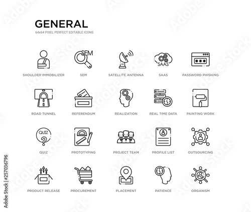 set of 20 line icons such as project team, prototyping, quiz, real time data, realization, referendum, road tunnel, saas, satellite antenna, sem. general outline thin icons collection. editable