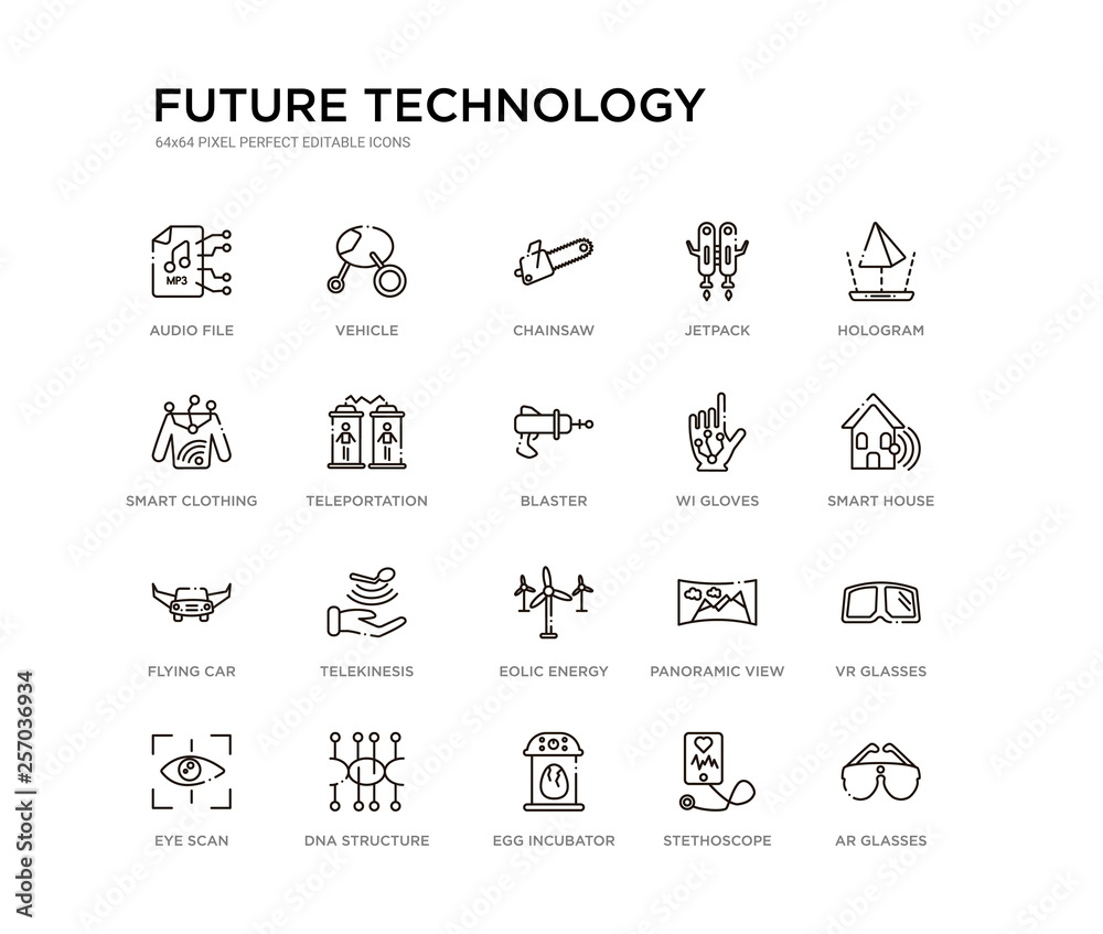 set of 20 line icons such as eolic energy, telekinesis, flying car, wi gloves, blaster, teleportation, smart clothing, jetpack, chainsaw, vehicle. future technology outline thin icons collection.