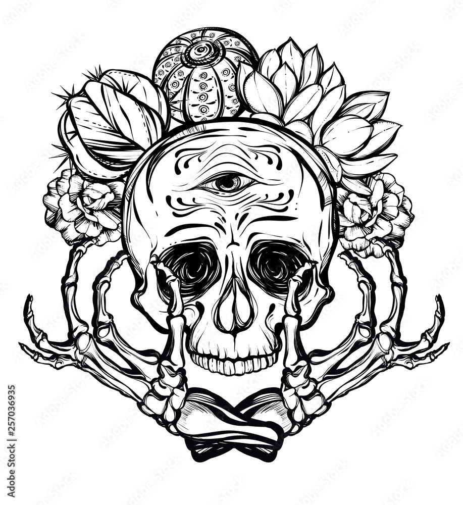 Fototapeta premium Vector illustration. Skull with bones and cactus. Vector illustration. Handmade. Tattoos, prints on T-shirts, background white, postcard for you